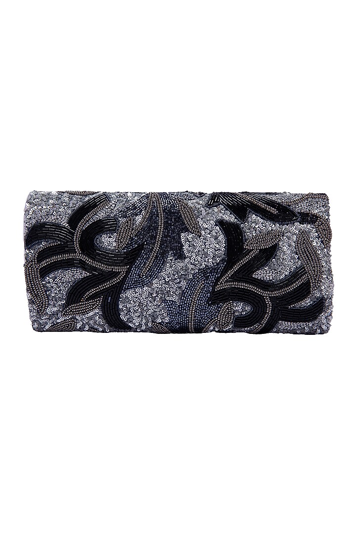 Black Leather Hand Embroidered Clutch by Jyo Das Accessories at Pernia's Pop Up Shop