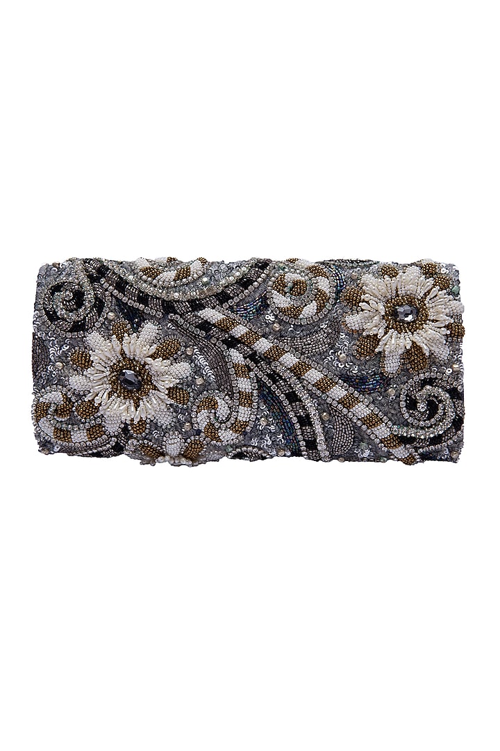 Black Leather Hand Embroidered Clutch by Jyo Das Accessories at Pernia's Pop Up Shop