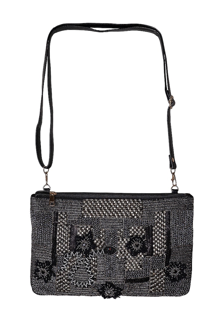 Black Organza & Resin Hand Embroidered Sling Bag by Jyo Das Accessories at Pernia's Pop Up Shop