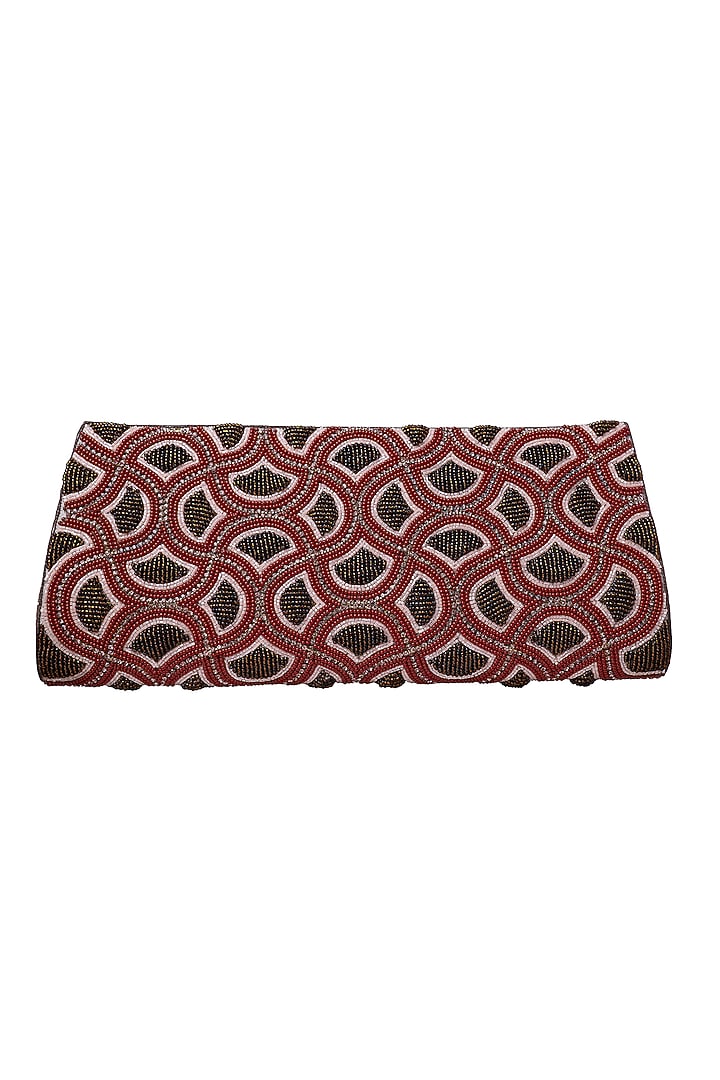 Red Leather Embroidered Clutch by Jyo Das Accessories at Pernia's Pop Up Shop
