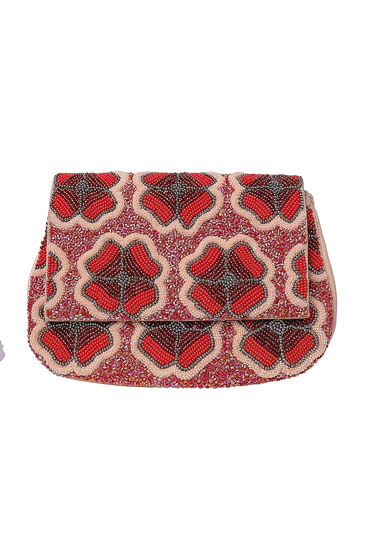 Red Leather Hand Embroidered Clutch by Jyo Das Accessories at Pernia's Pop Up Shop