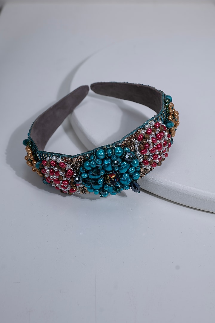 Multi-Colored Suede Hand Embroidered Hairband by Jyo Das Accessories