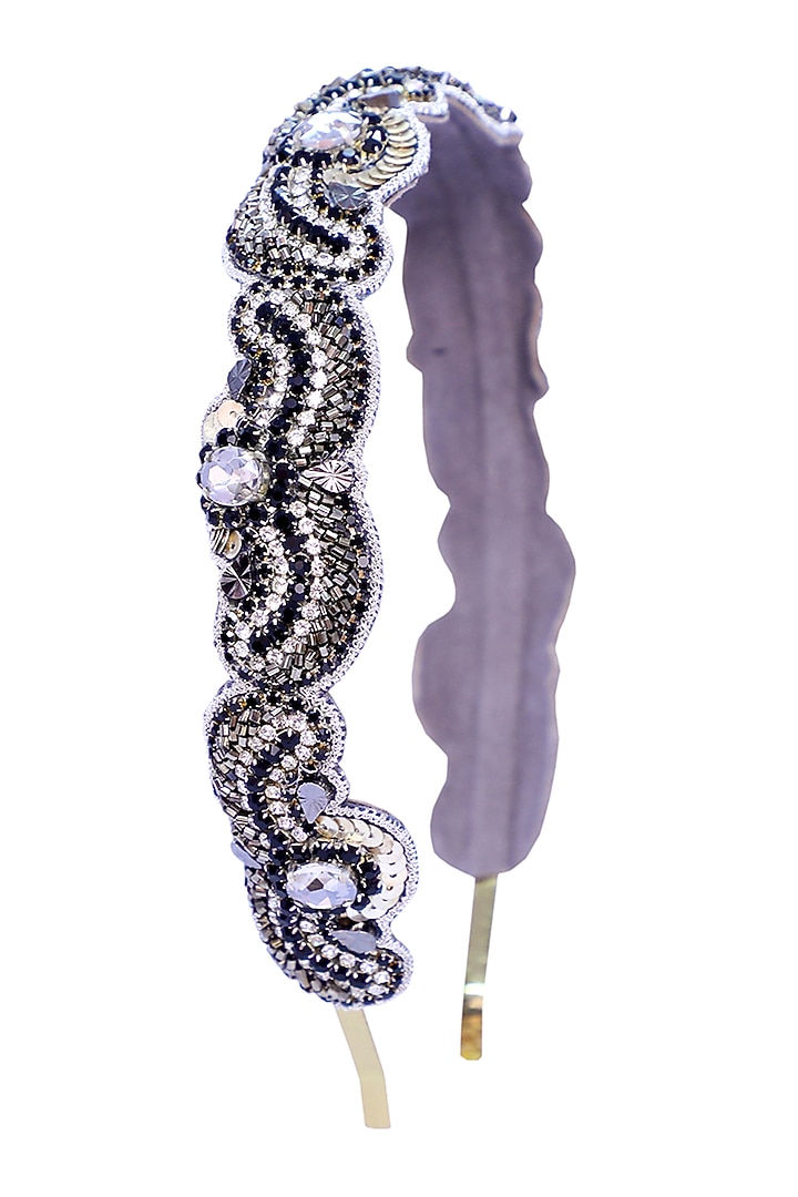 Black Suede Hand Embroidered Hairband by Jyo Das Accessories at Pernia's Pop Up Shop