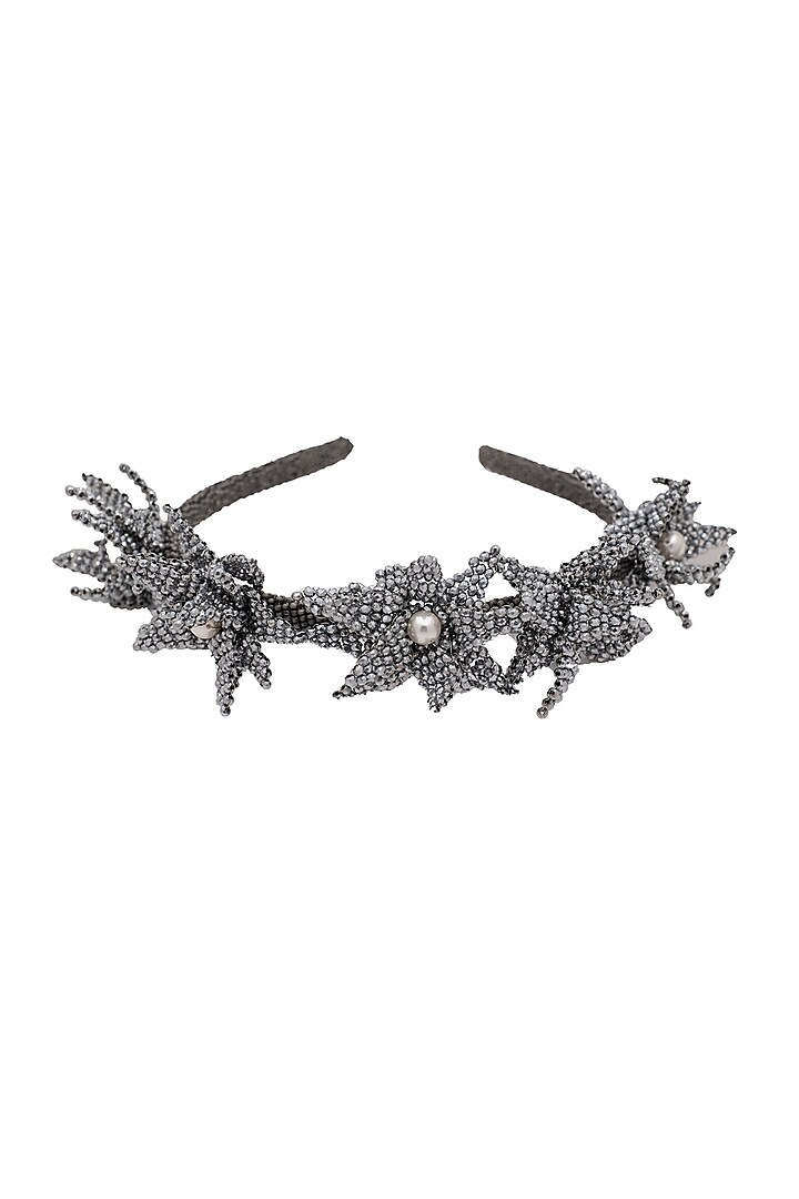 Silver Suede Hand Embroidered Hairband by Jyo Das Accessories