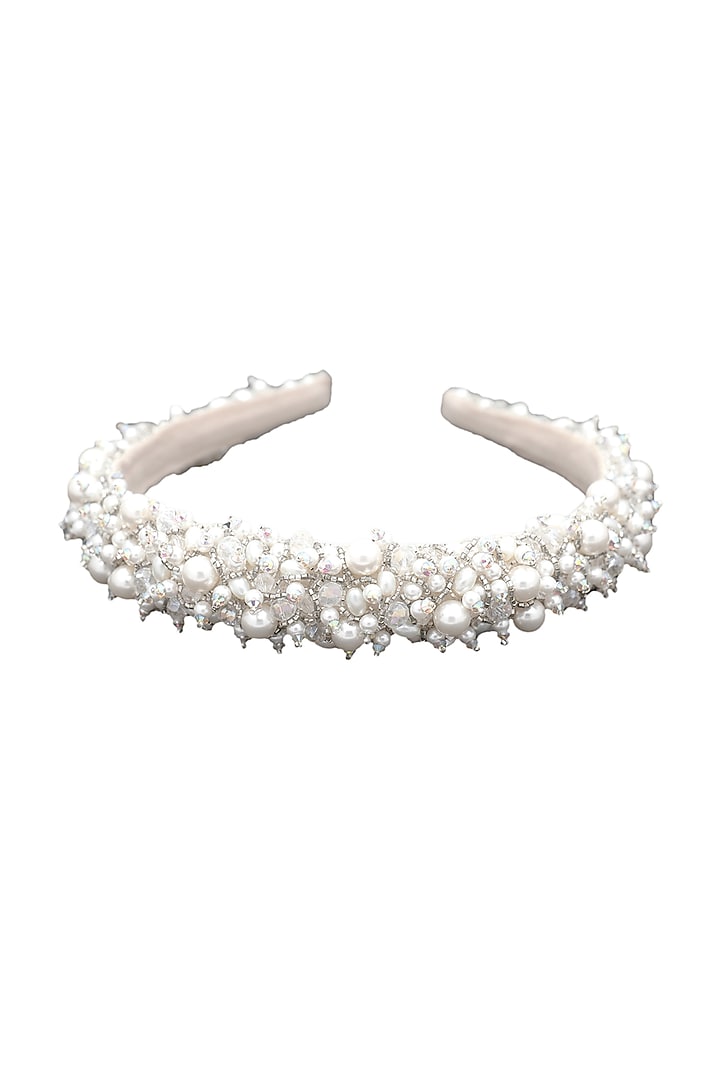 White Suede Hand Embroidered Hairband by Jyo Das Accessories at Pernia's Pop Up Shop