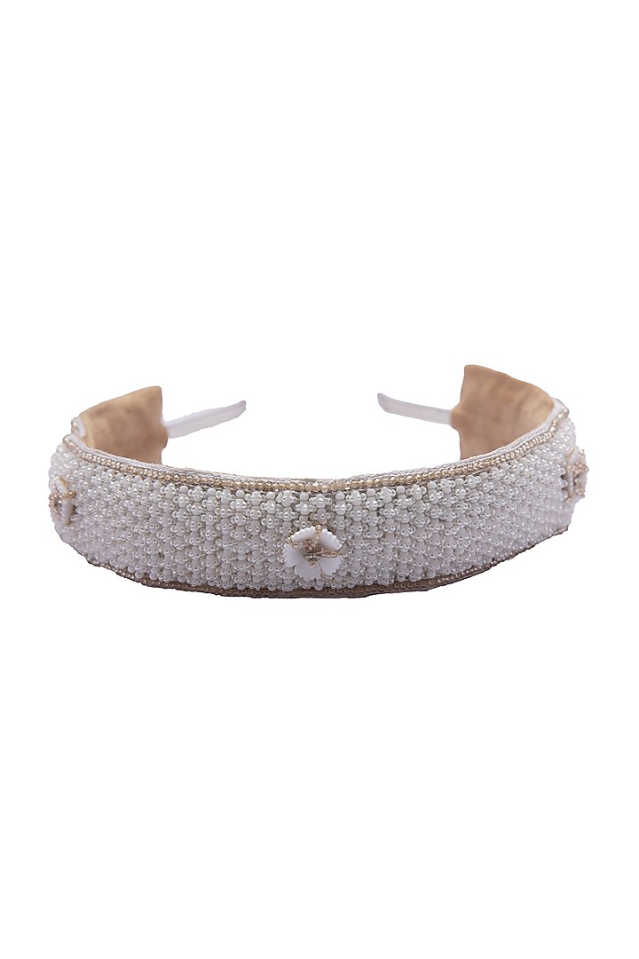 White Suede Hand Embroidered Hairband by Jyo Das Accessories