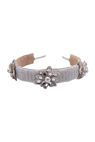 White Suede Hand Embroidered Hairband by Jyo Das Accessories