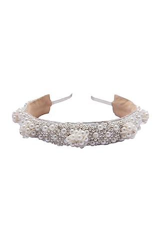 White Suede Hand Embroidered Hairband by Jyo Das Accessories