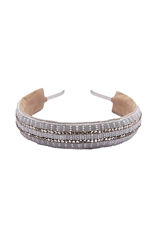 White Suede Embroidered Hairband by Jyo Das Accessories