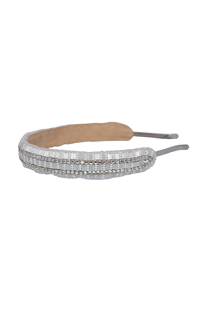 White Suede Embroidered Hairband by Jyo Das Accessories at Pernia's Pop Up Shop