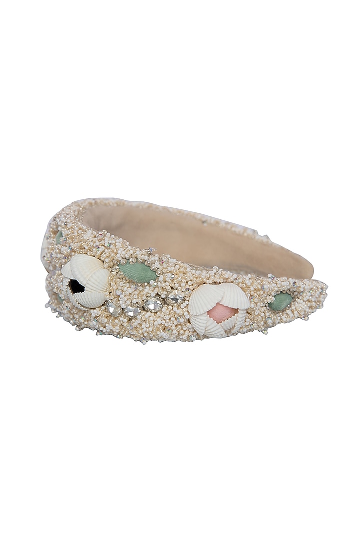 White Suede Hand Embroidered Hairband by Jyo Das Accessories at Pernia's Pop Up Shop