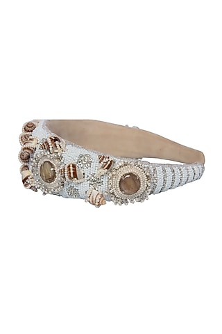 White Suede Hand Embroidered Hairband by Jyo Das Accessories
