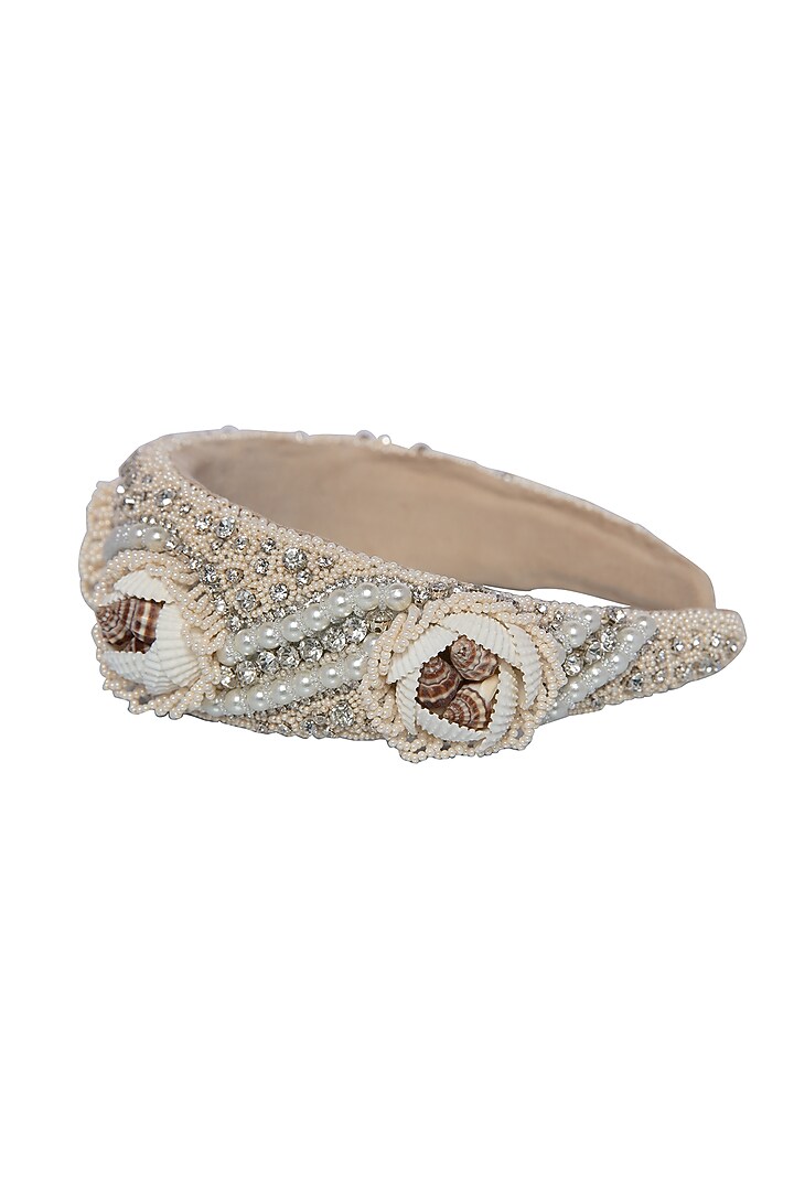 White Suede Hand Embroidered Hairband by Jyo Das Accessories at Pernia's Pop Up Shop