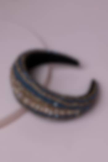 Blue Metal & Suede Hand Embroidered Hairband by Jyo Das Accessories