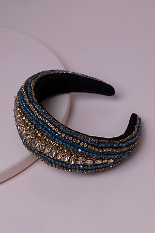 Blue Metal & Suede Hand Embroidered Hairband by Jyo Das Accessories