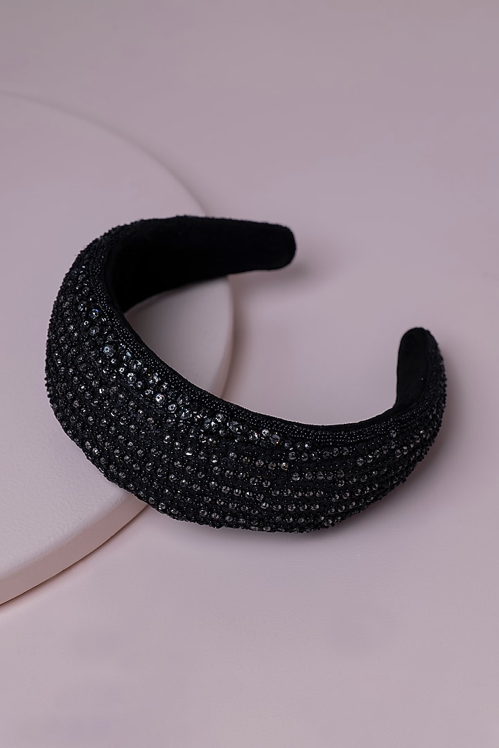 Black Metal & Suede Embroidered Hairband by Jyo Das Accessories at Pernia's Pop Up Shop