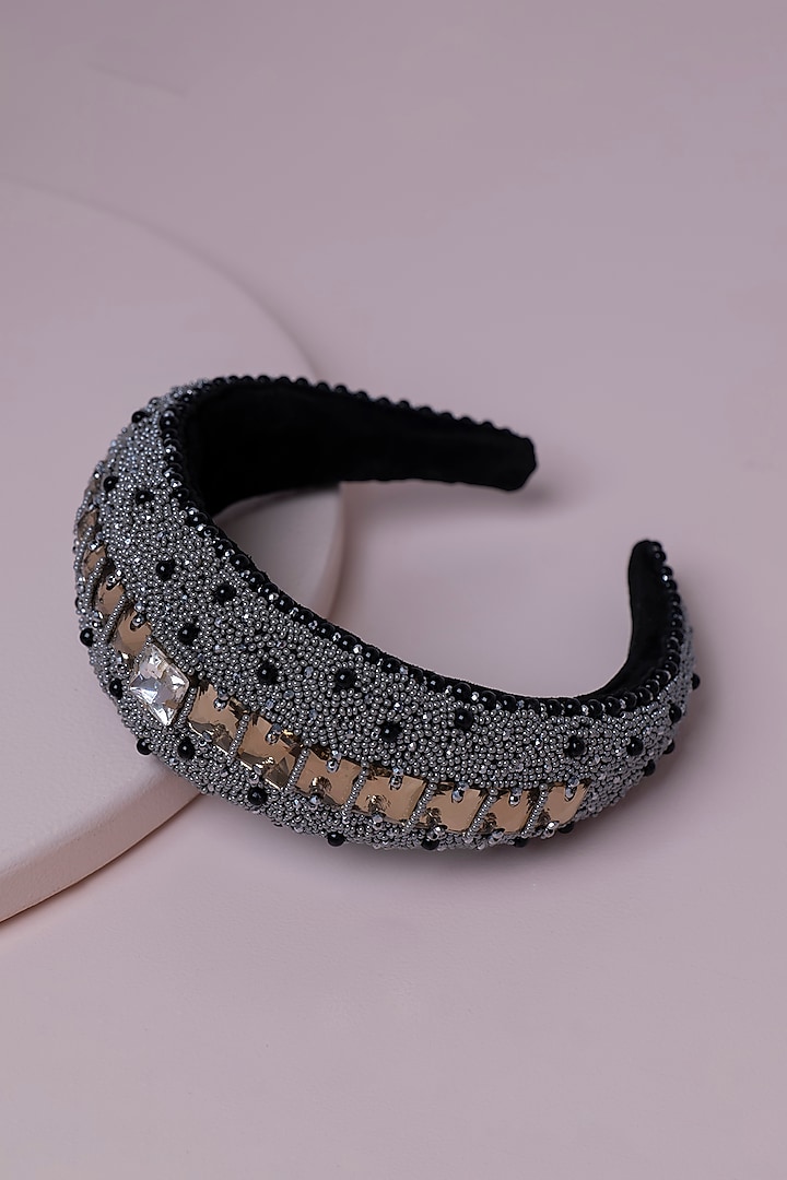 Black Metal & Suede Hand Embroidered Hairband by Jyo Das Accessories