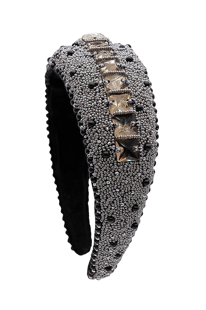 Black Metal & Suede Hand Embroidered Hairband by Jyo Das Accessories at Pernia's Pop Up Shop