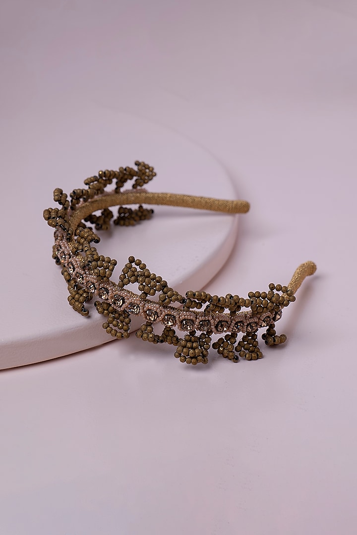Black Metal & Suede Hand Embroidered Hairband by Jyo Das Accessories
