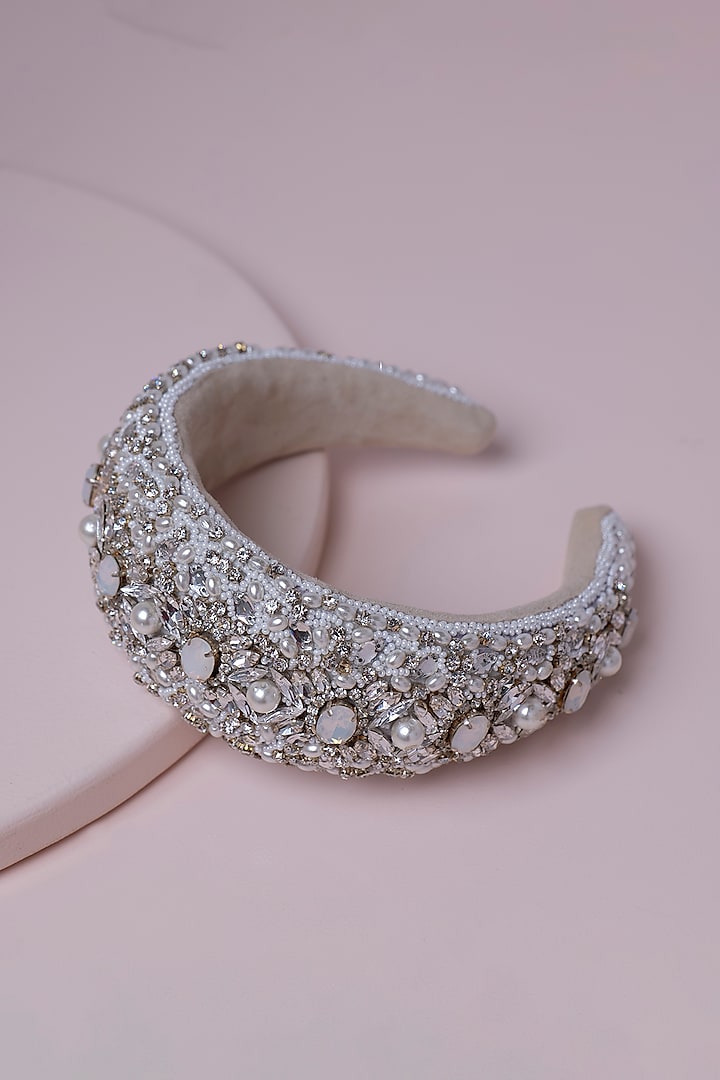 White Metal & Suede Embroidered Hairband by Jyo Das Accessories