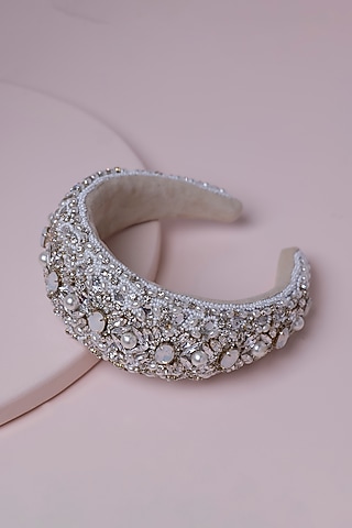 White Metal & Suede Embroidered Hairband by Jyo Das Accessories