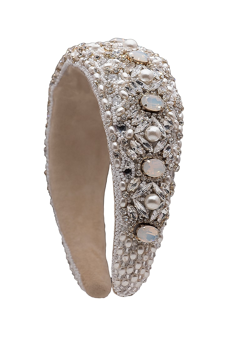 White Metal & Suede Embroidered Hairband by Jyo Das Accessories at Pernia's Pop Up Shop