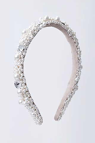 White Metal & Suede Hand Embroidered Hairband by Jyo Das Accessories
