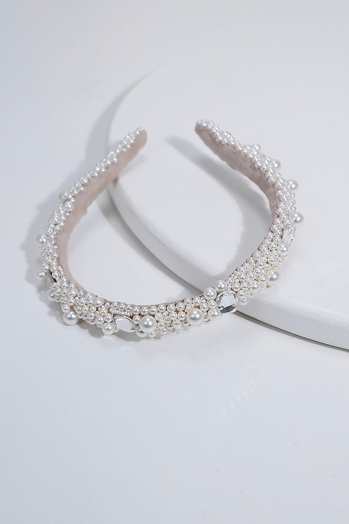 White Metal & Suede Hand Embroidered Hairband by Jyo Das Accessories at Pernia's Pop Up Shop