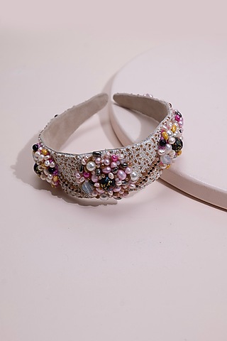 Multi-Colored Metal & Suede Hand Embroidered Hairband by Jyo Das Accessories
