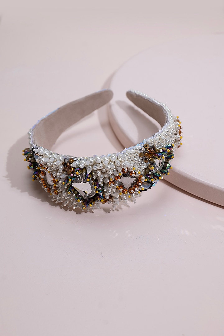 Multi-Colored Metal & Suede Hand Embroidered Hairband by Jyo Das Accessories