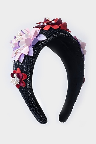 Black Suede Hand Embroidered Hairband by Jyo Das Accessories
