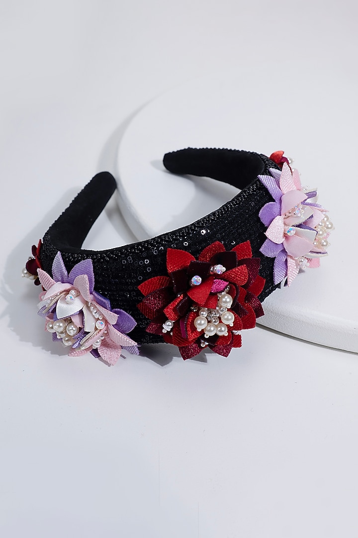 Black Suede Hand Embroidered Hairband by Jyo Das Accessories at Pernia's Pop Up Shop