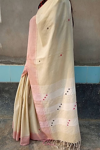 Cream Handwoven Polka Dotted Saree by Jyotsna Kalita