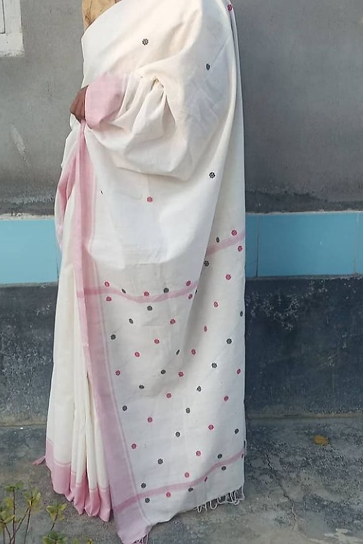 White Handwoven Saree by Jyotsna Kalita