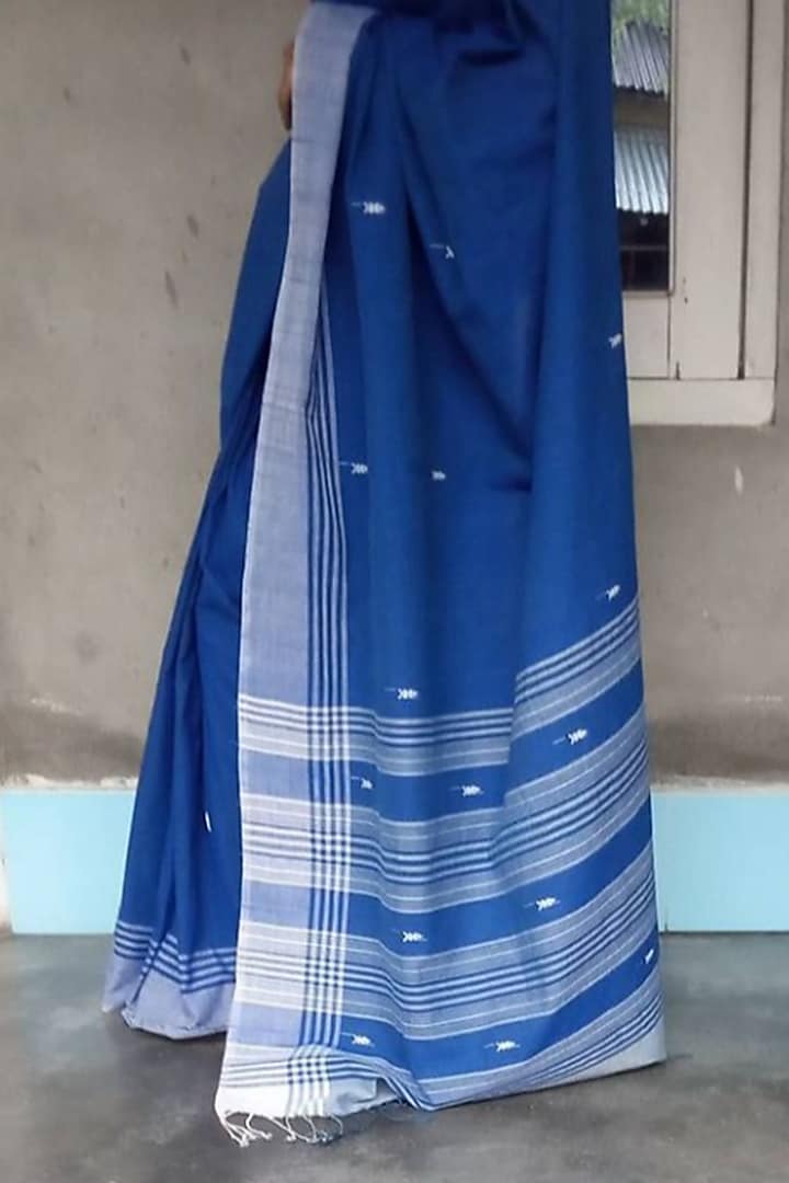 Blue & White Handwoven Saree by Jyotsna Kalita