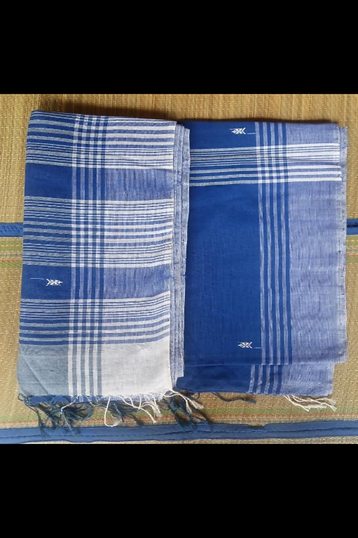 Blue & White Handwoven Saree by Jyotsna Kalita at Pernia's Pop Up Shop