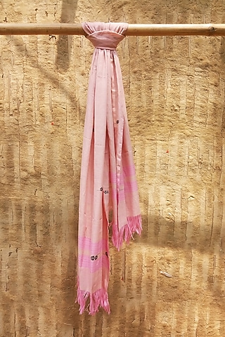 Pink & Black Pure Cotton Handwoven Dupatta by Jyotsna Kalita