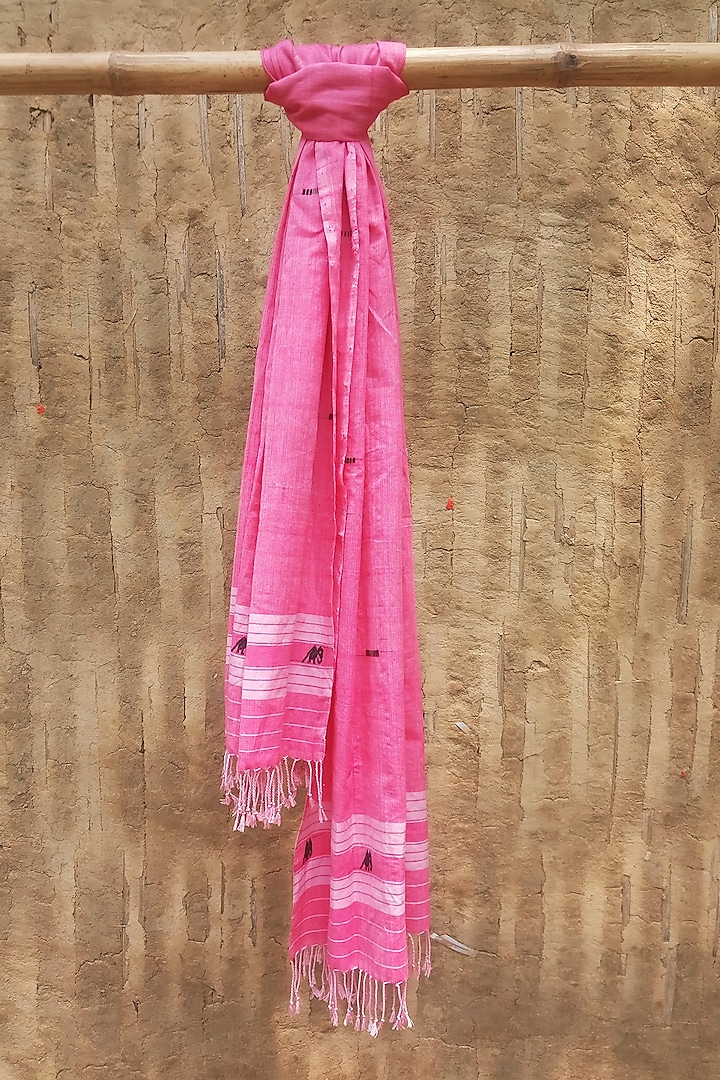 Pink Pure Cotton Handwoven Dupatta by Jyotsna Kalita
