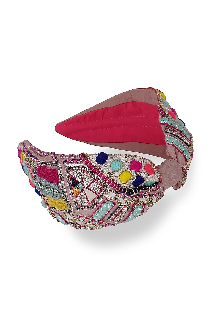 Pink Embroidered Headband by Joey & Pooh X Payal Singhal at Pernia's Pop Up Shop