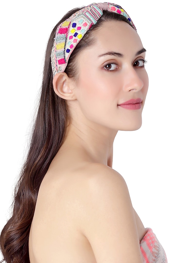 Pink Embroidered Headband by Joey & Pooh X Payal Singhal at Pernia's Pop Up Shop