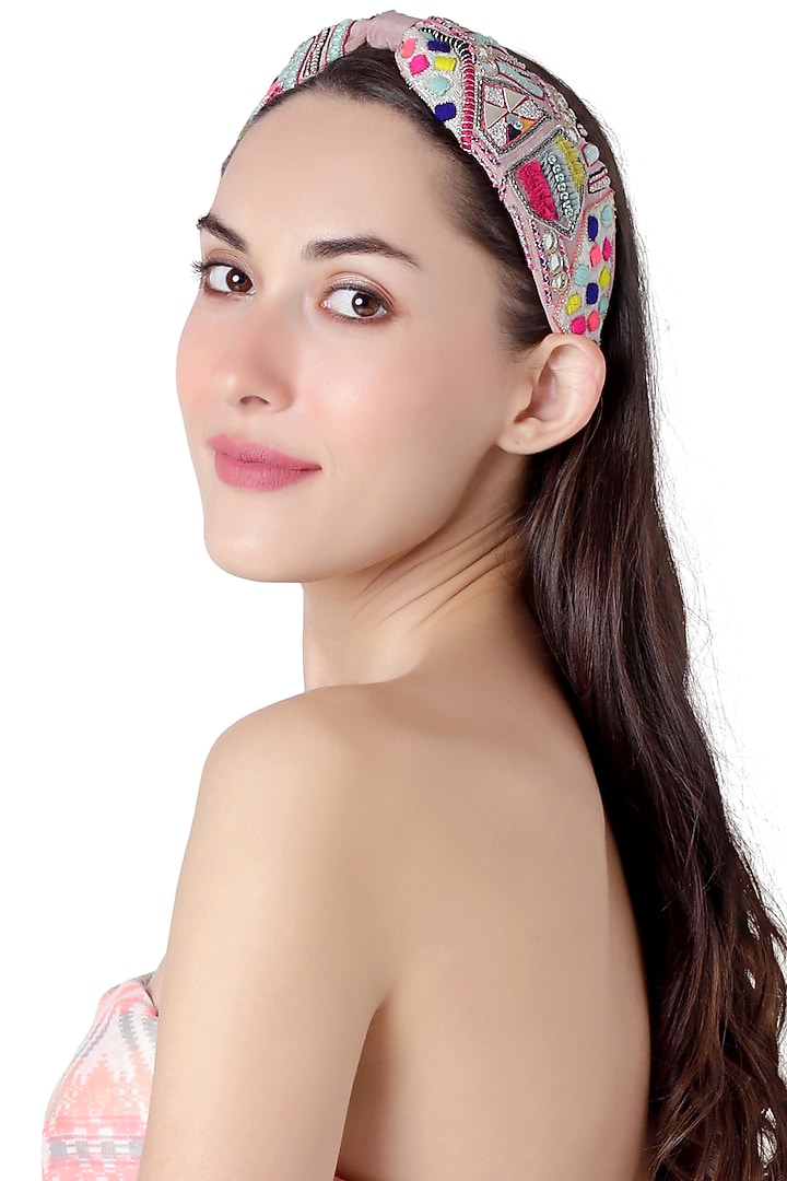 Pink Embroidered Headband by Joey & Pooh X Payal Singhal at Pernia's Pop Up Shop