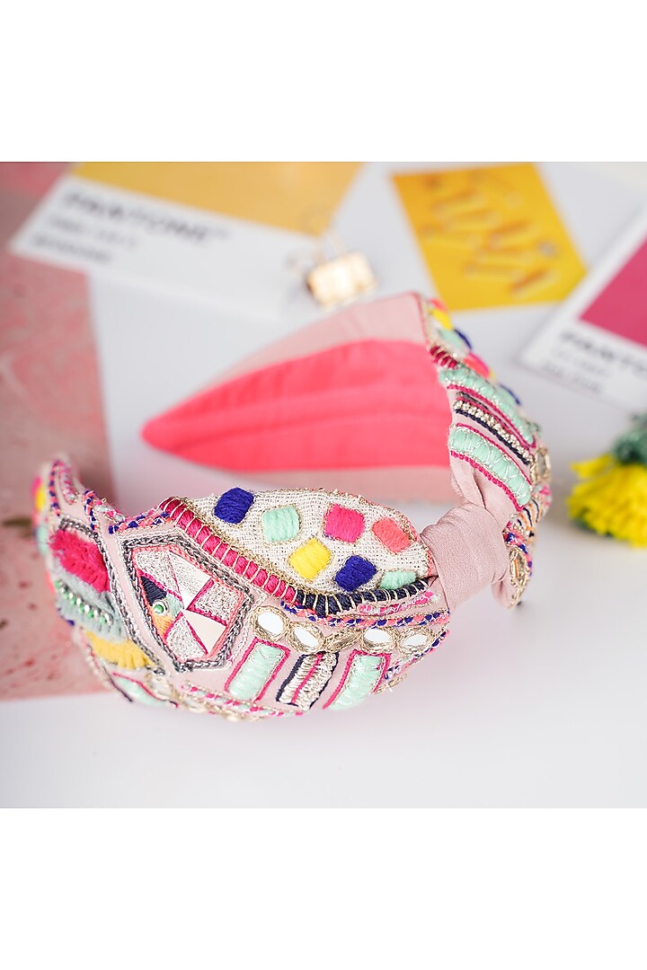 Pink Embroidered Headband by Joey & Pooh X Payal Singhal at Pernia's Pop Up Shop