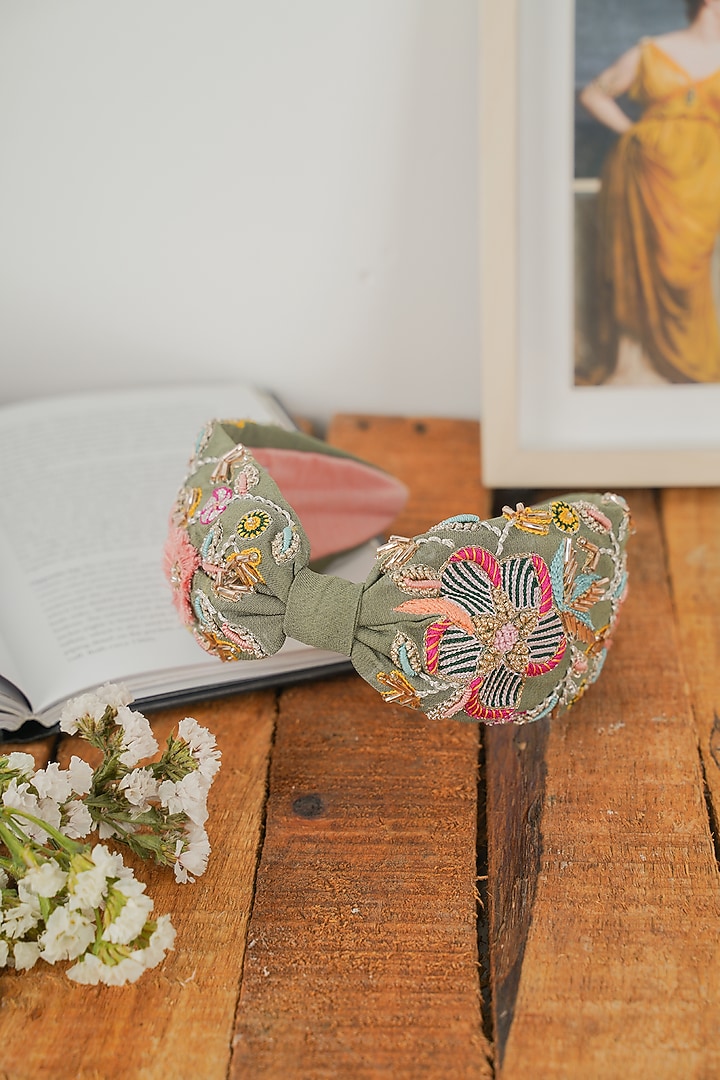 Olive Green Embroidered Headband by Joey & Pooh X Payal Singhal at Pernia's Pop Up Shop