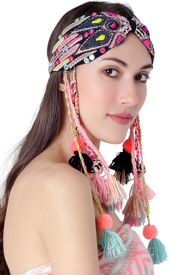 Black Crepe Embroidered Headband by Joey & Pooh X Payal Singhal at Pernia's Pop Up Shop