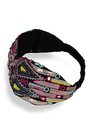 Black Crepe Embroidered Headband by Joey & Pooh X Payal Singhal