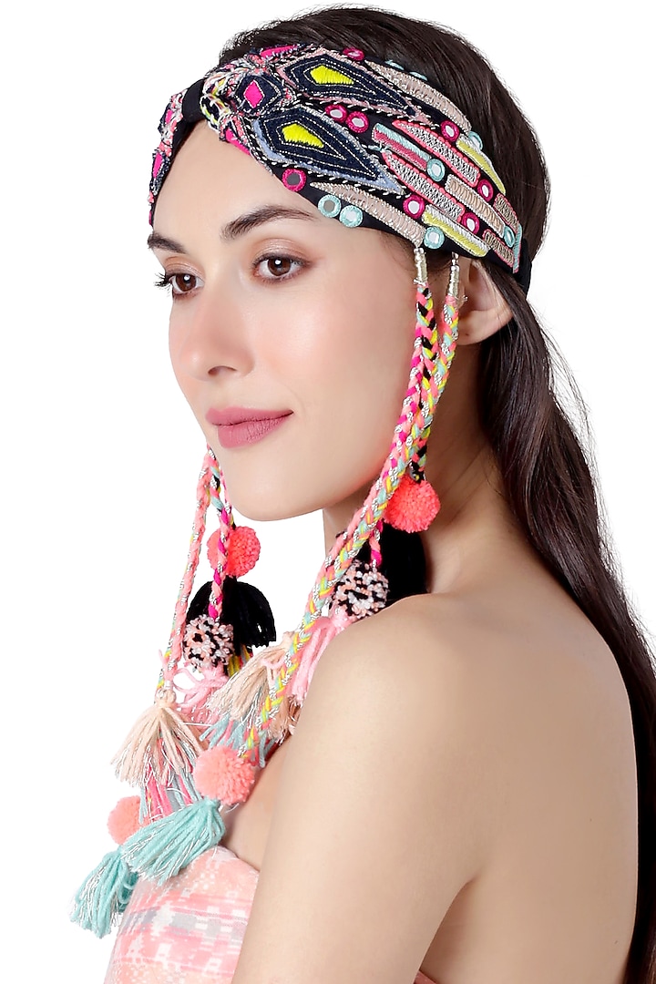 Black Crepe Embroidered Headband by Joey & Pooh X Payal Singhal at Pernia's Pop Up Shop