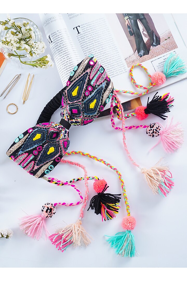 Black Crepe Embroidered Headband by Joey & Pooh X Payal Singhal at Pernia's Pop Up Shop