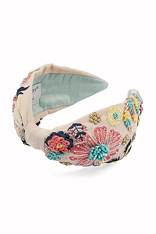 White Hairband With Thread Embroidery by Joey & Pooh