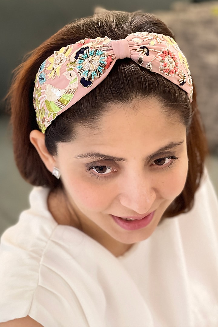 Pink Crepe Embroidered Headband by Joey & Pooh at Pernia's Pop Up Shop