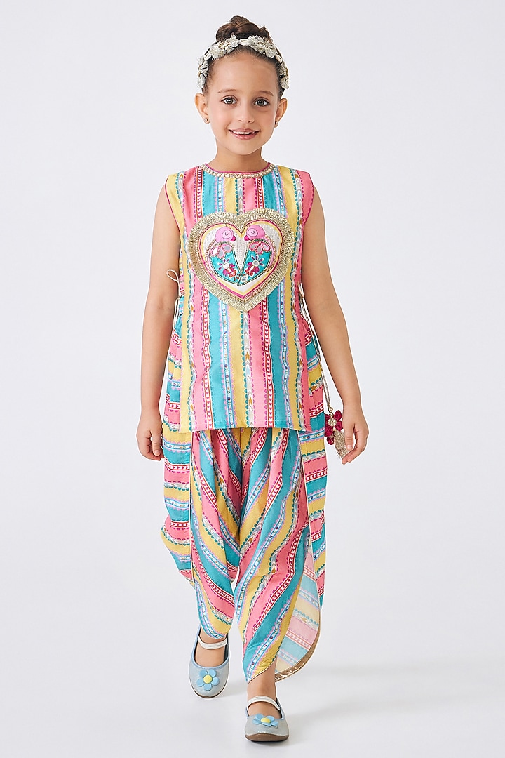Multi-Colored Cotton Chanderi Embellished Co-Ord Set For Girls by Joey & Pooh at Pernia's Pop Up Shop